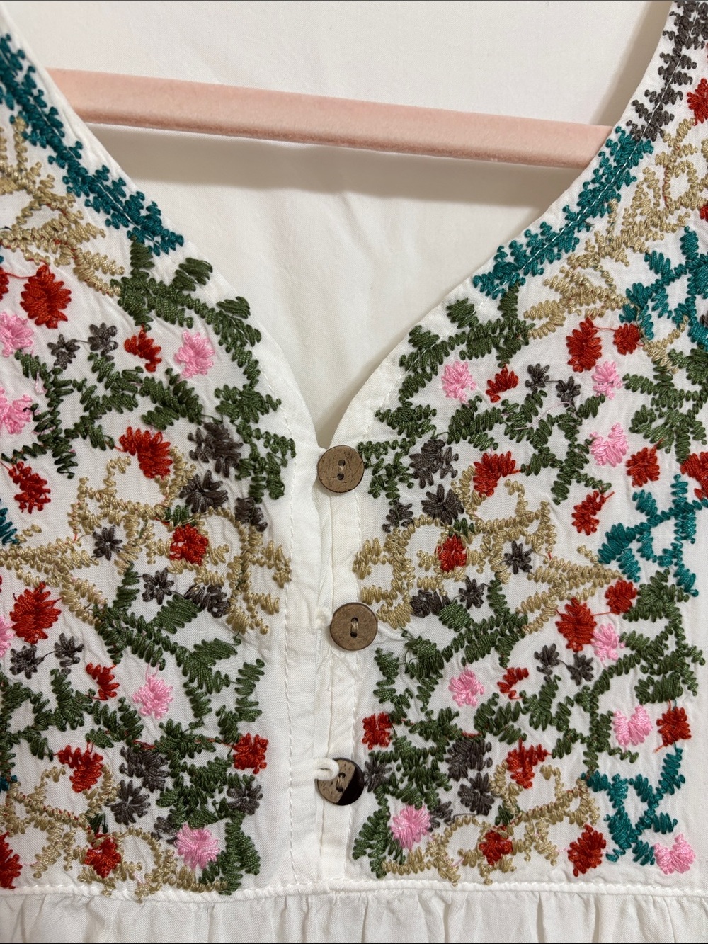 White Embroidered Mini Dress with Multicolor Floral Yoke and Contrast Hem - Picture 3 of 11